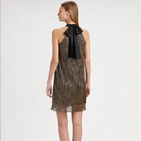 NEW $225 Laundry by Shelli Segal Metallic Gold Sleeveless Dress Back Bow Neck 10 - Picture 2 of 10